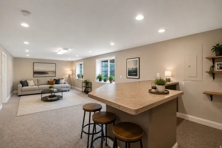Open-concept living space featuring a wood-finish island with seating for three, recessed ceiling lighting throughout, neutral wall finishes, and large windows providing natural light AI staged