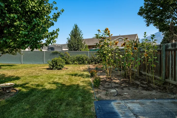 Expansive backyard featuring a mature tree, established garden bed, wooden privacy fence, and chain-link fence