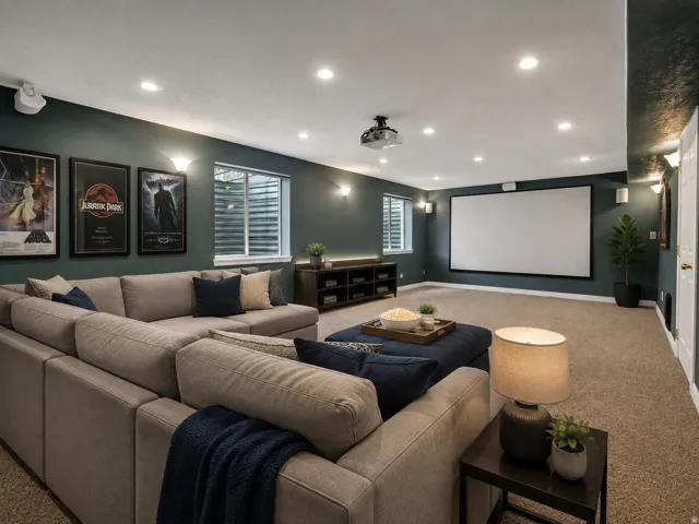 Media room with recessed lighting, integrated projector, large projection screen, and built-in speakers AI staged could be a flex room office. bedroom, theater, game room.