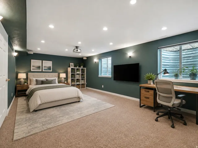 Recessed lighting, wall-mounted sconces, and projector with ceiling-mounted speakers can be flex room, office, theater, bedroom, AI Staged