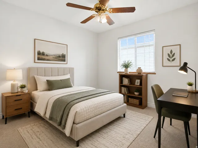 Bright secondary bedroom featuring a upholstered bed frame, wood-finish nightstand with integrated lighting, ceiling fan with brass finish, large double-hung window with plantation shutters, and hardwood-finish flooring anchored by a neutral area rug AI S
