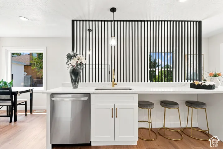 Kitchen island with a built-in sink, stainless steel dishwasher, white cabinetry, and a light-toned countertop