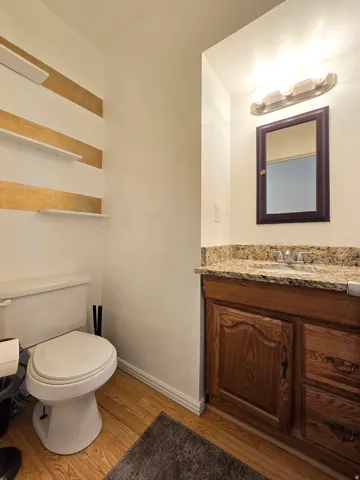 Wood-finish flooring, built-in shelving, wood vanity with a stone countertop, and an integrated sink