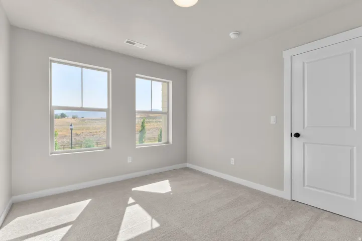 Light gray wall paint, light-colored carpet flooring, two double-hung windows, white trim, and a white door with a black knob