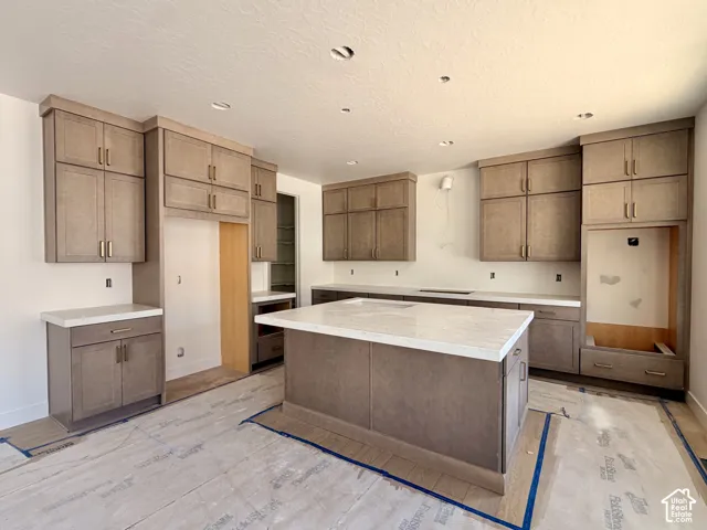 Spacious kitchen featuring extensive cabinetry, a large center island, and integrated appliance spaces