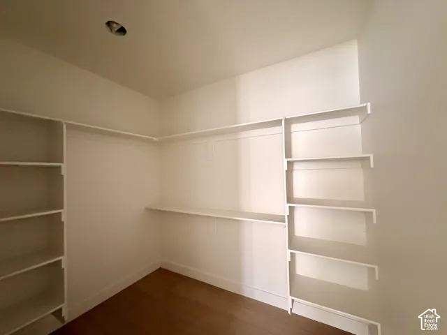 Built-in shelving, hanging rods, wood-finish flooring, recessed lighting