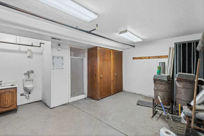 Concrete flooring, surface-mounted fluorescent lighting, wood-finish cabinetry with an integrated sink, and an enclosed shower stall