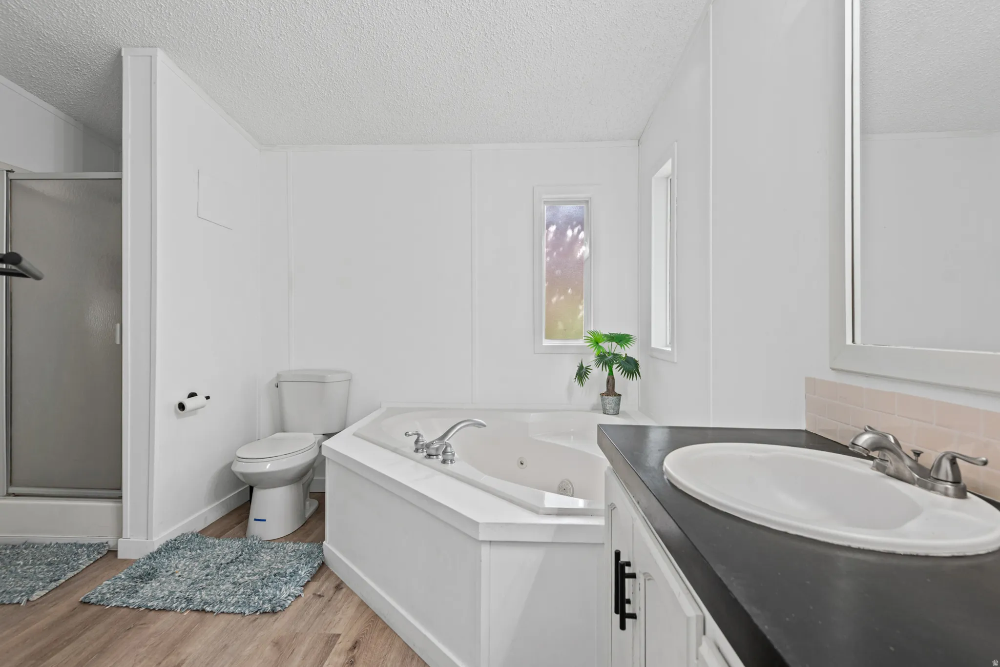 Master bedroom's bathroom featuring a corner soaking tub, single vanity with dark countertop, wood-finish flooring, and a shower with a glass enclosure