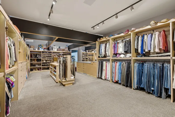 Custom built-in storage, track lighting, light wood-finish cabinetry, and carpeted flooring