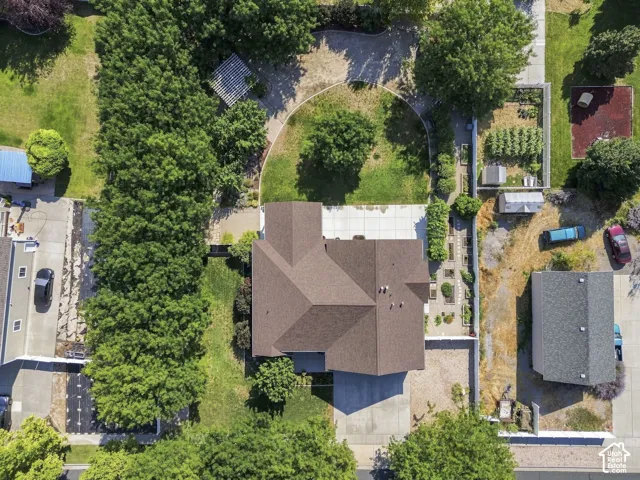 Brown shingle roof, concrete driveway, and mature landscaping