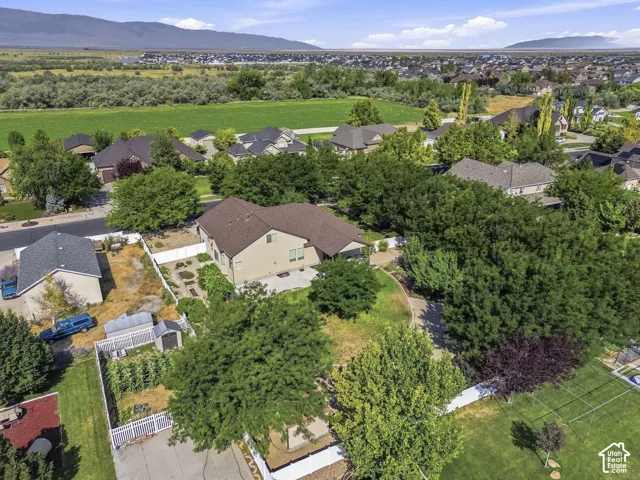 Aerial perspective showcasing a residential property with a brown-shingled roof and tan exterior, surrounded by mature trees