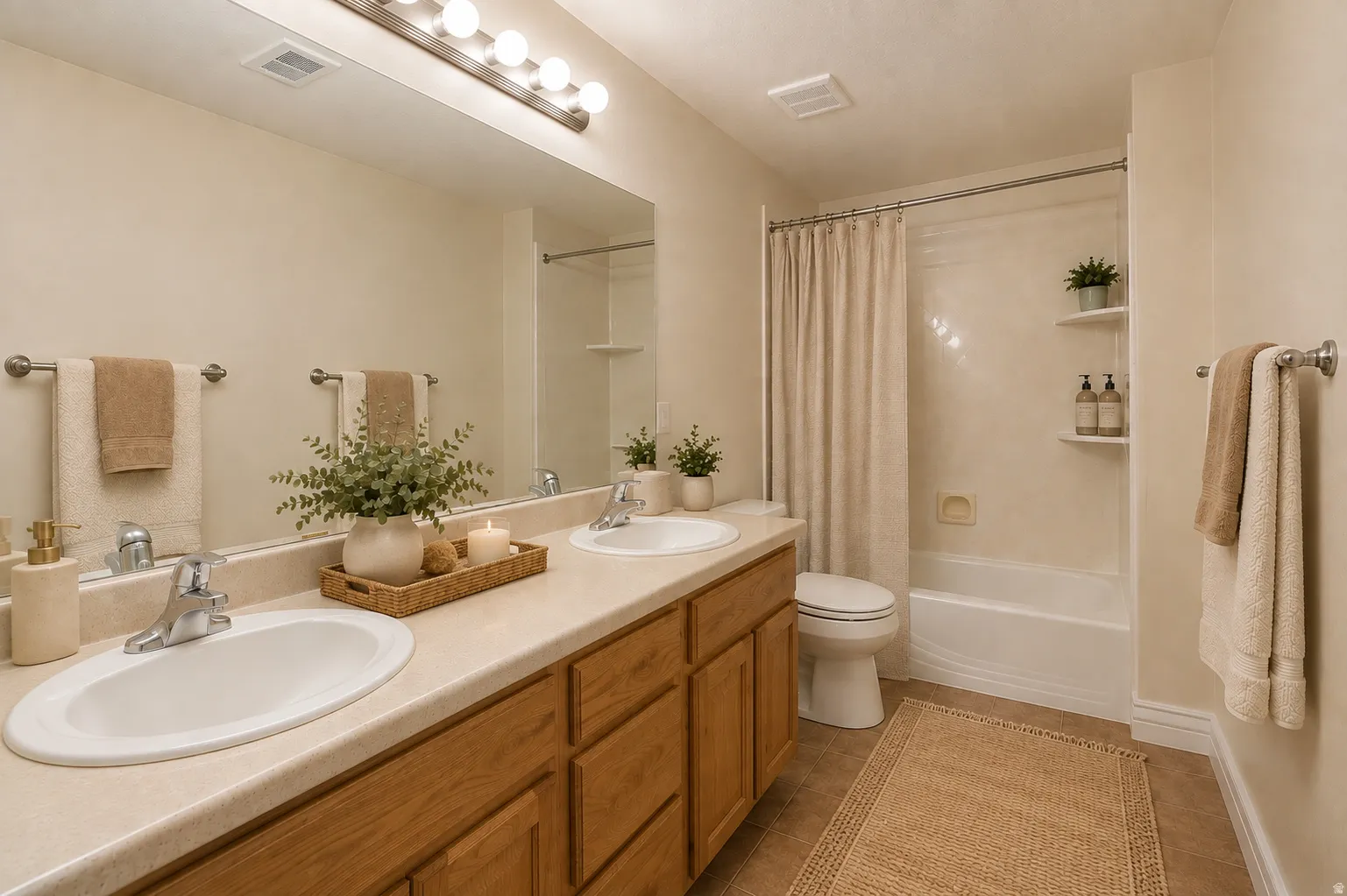 Double vanity full bath.   Virtually staged to show possibilities.