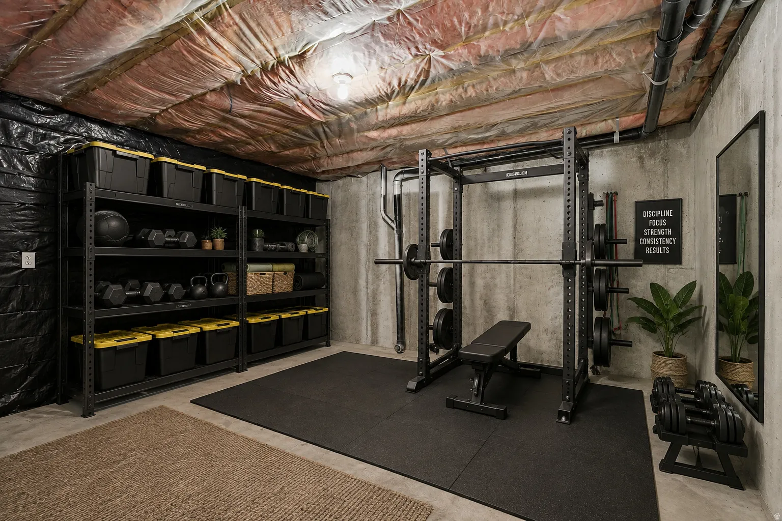This room could be filled with storage or used as a gym.   Virtually staged to show possibilities.