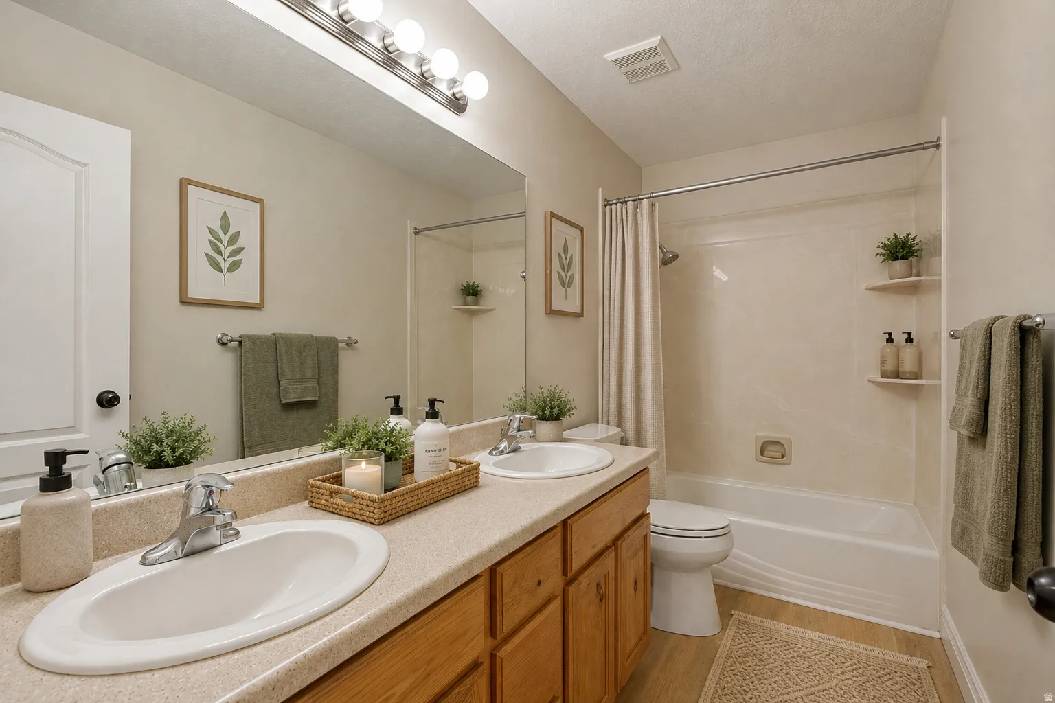 Full second bath on main level with LVP wood flooring.   Virtually staged to show possibilities.