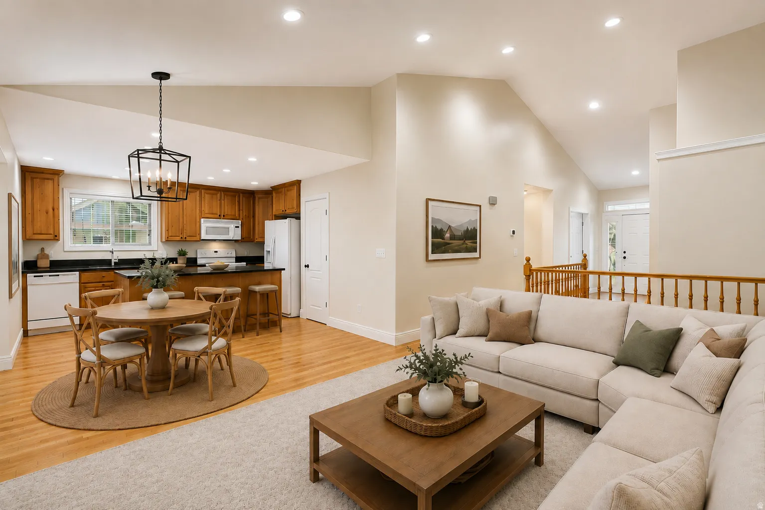 Vaulted ceilings, new carpet, open kitchen with island.  Heart of the home.   Virtually staged to show possibilities.