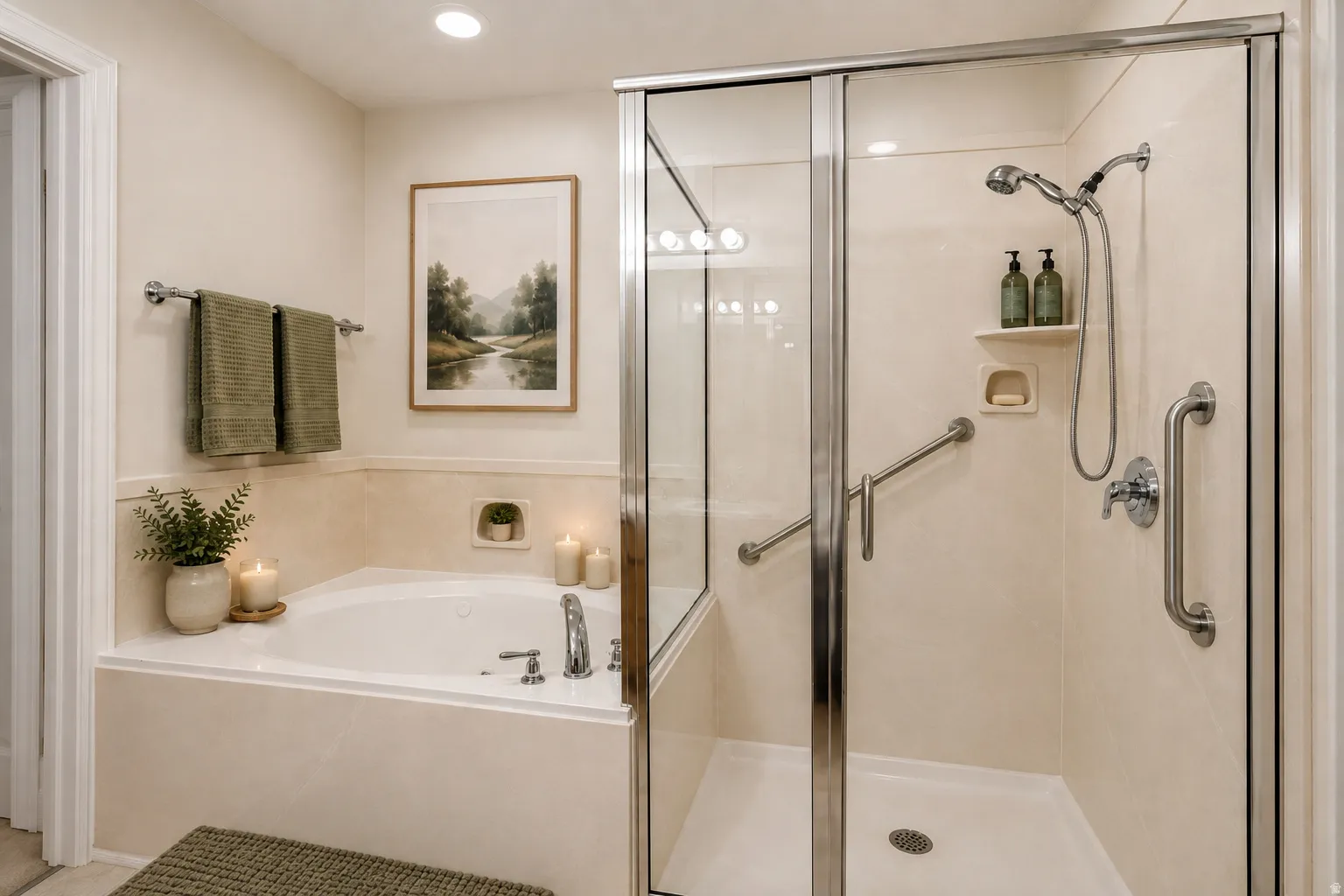 Large shower with grab bars and jetted tub.   Virtually staged to show possibilities.
