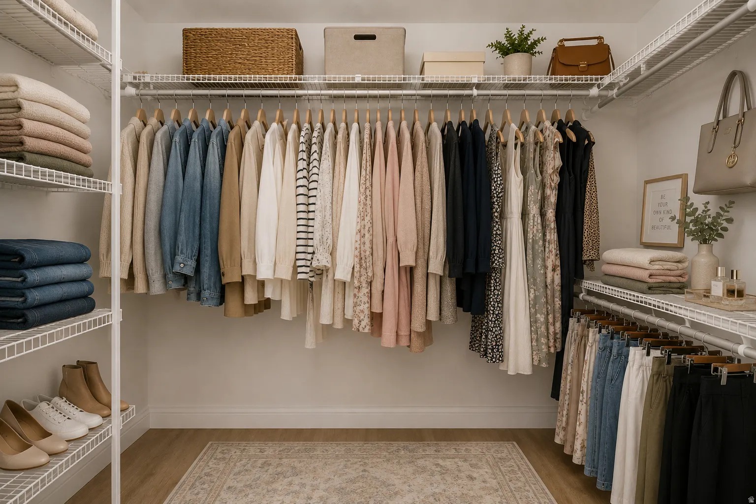 Expansive walk-in closet with shelving.   Virtually staged to show possibilities.