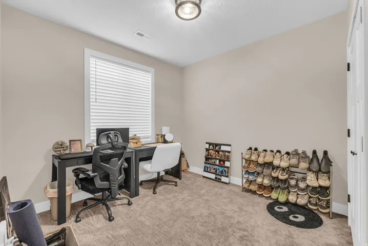Single window with blinds, overhead lighting fixture, and neutral wall paint