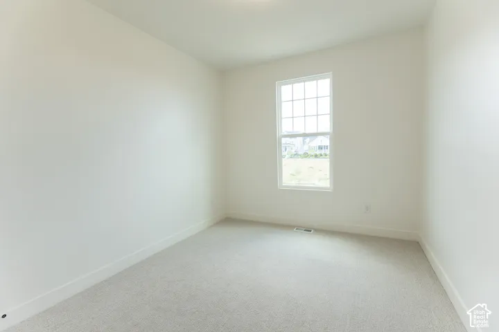 Bright room featuring a large window with muntin bars, neutral wall paint, white trim, and light-colored carpet flooring