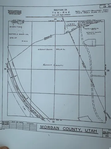 Plat Map. Illustrating the property's boundaries, dimensions, and geographical coordinates within Section 29, T4N-R4E, encompassing parcels in both Summit and Morgan Counties, Utah