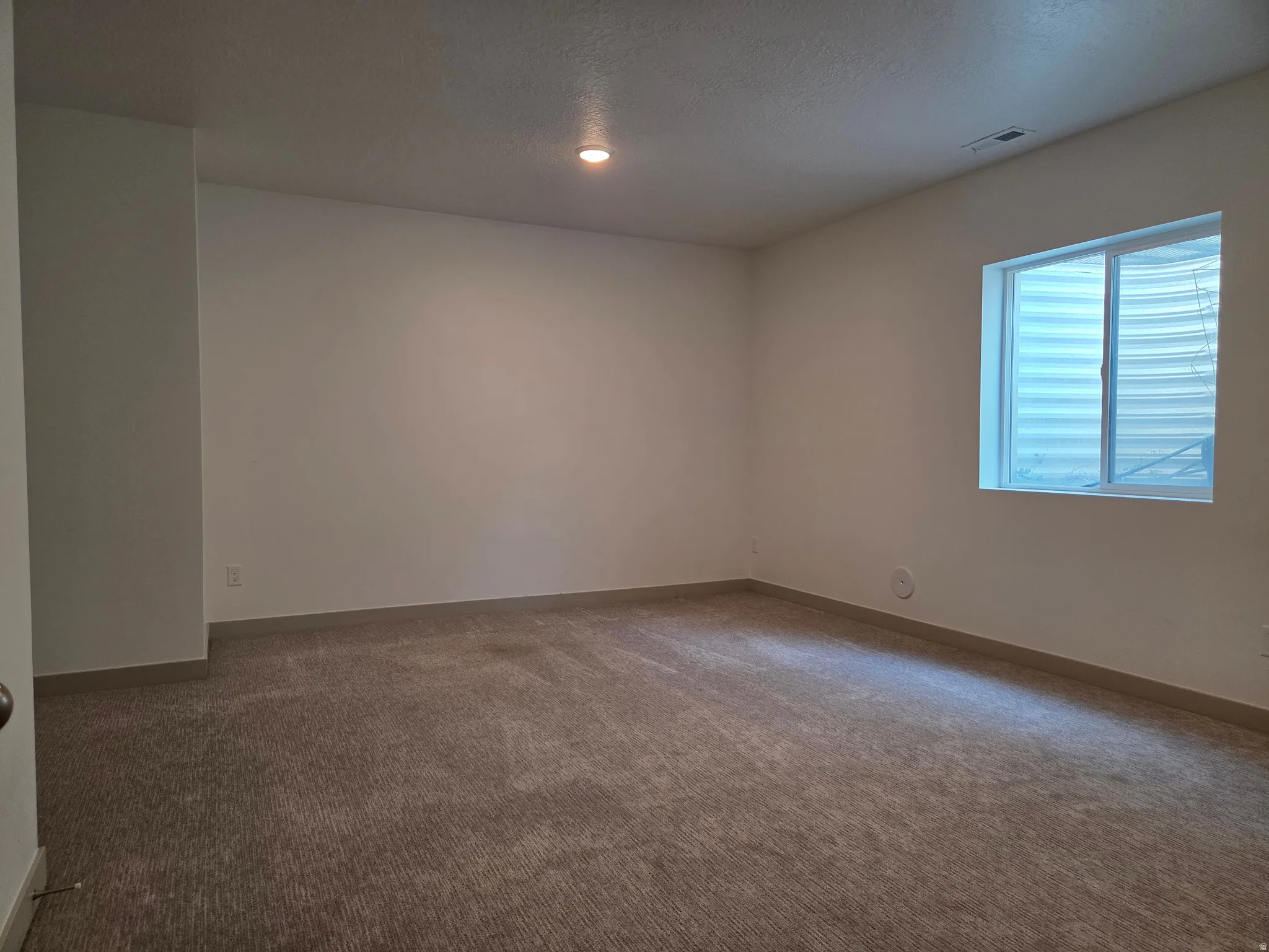 Spacious room with neutral wall finishes, recessed ceiling lighting, and carpet flooring