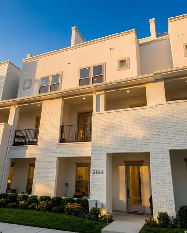 White brick facade with multiple balconies, a front entrance with a glass-paneled door, and ground-level landscaping