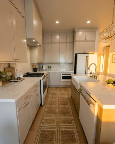 Contemporary kitchen featuring light wood-finish flooring, white countertops, built-in appliances, and a farmhouse-style sink with a gooseneck faucet