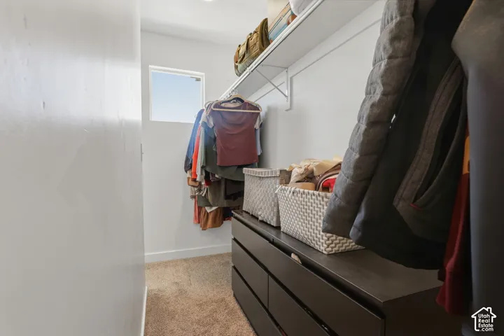 Built-in shelving and hanging rods for organized storage, complemented by a recessed light fixture