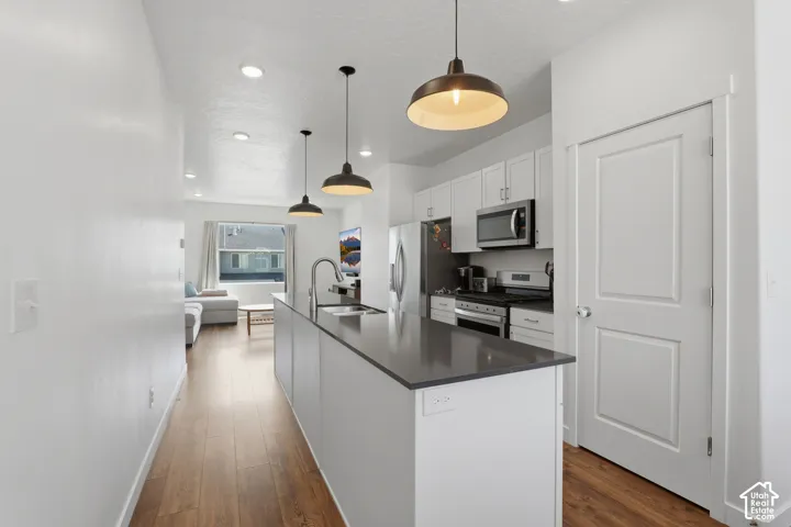 Open-concept kitchen with a large island, stainless steel appliances, white cabinetry, and wood-finish flooring