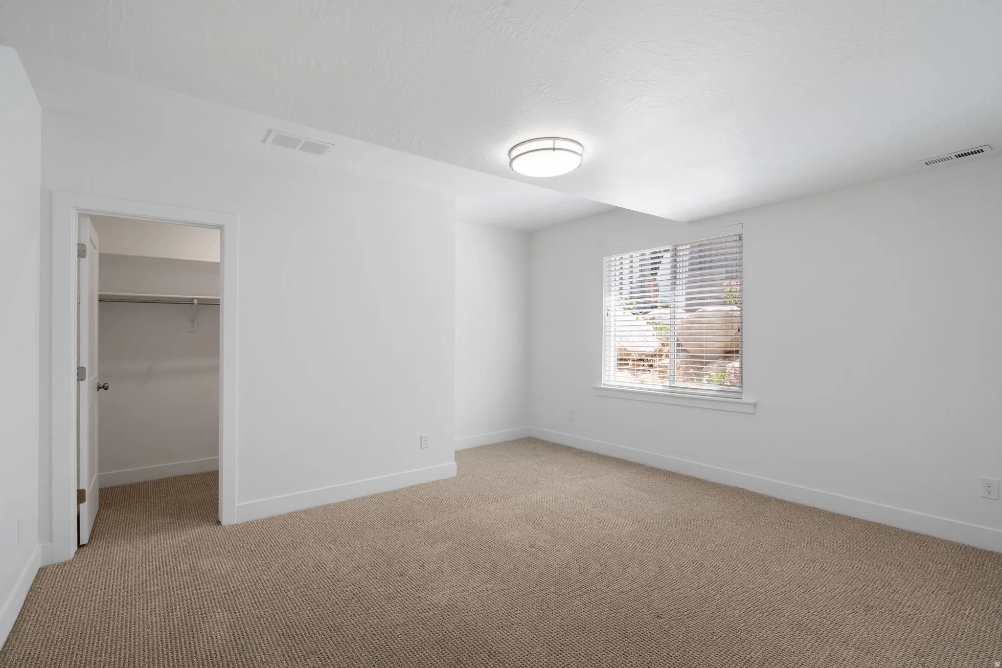 White painted walls, neutral carpet flooring, recessed window with horizontal blinds, flush mount ceiling light, and a closet with a built-in rod