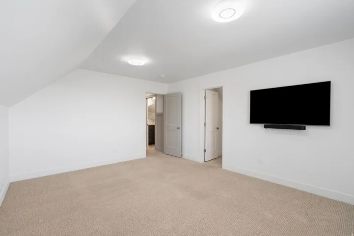 Neutral tone wall paint, neutral tone carpeting, two flush-mount ceiling lights, and two panel doors