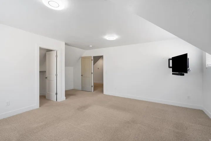 Carpeted room with white walls, two flush-mount ceiling lights, and two panel doors