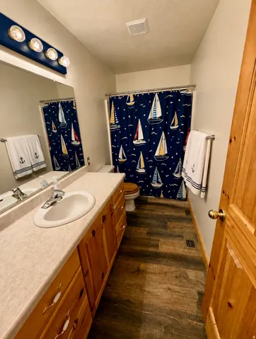 Bathroom featuring LVP flooring, a light-toned countertop, a single vanity sink, and a wooden vanity cabinet