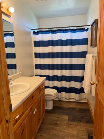 Bathroom featuring a single-sink vanity with wood cabinetry, a light-colored countertop, and a white porcelain sink