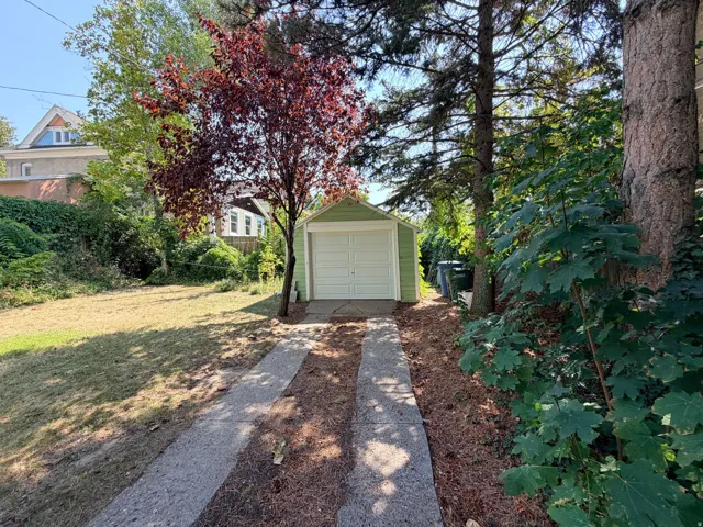 Detached garage with a paneled door, concrete driveway, mature trees, and natural landscaping