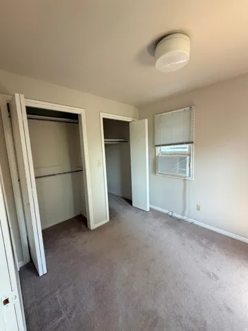 Spacious primary bedroom offering dual reach-in closets with shelving and hanging rods, neutral carpeting, and abundant natural light from an opaque window