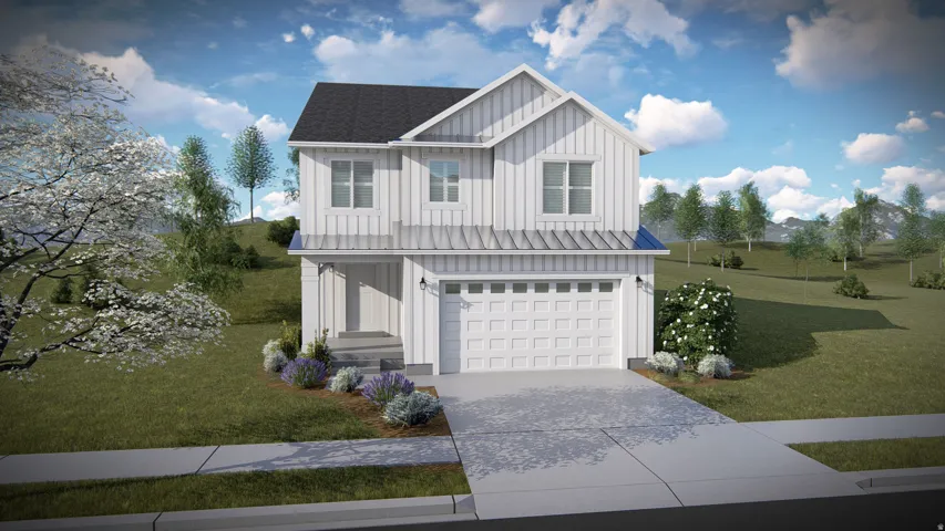 White vertical siding exterior with a dark roof and a two-car garage
