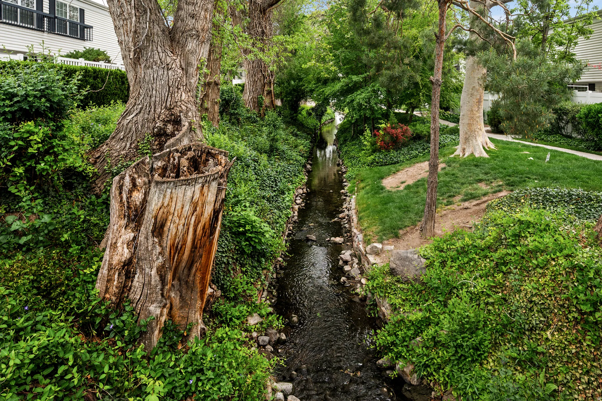 Natural stream with rock-lined banks, surrounded by lush green foliage, mature trees, and manicured lawn areas