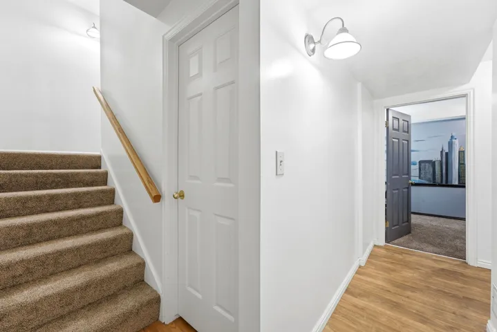 Carpeted staircase with wood handrail, panel doors, wood-finish flooring, and wall-mounted lighting