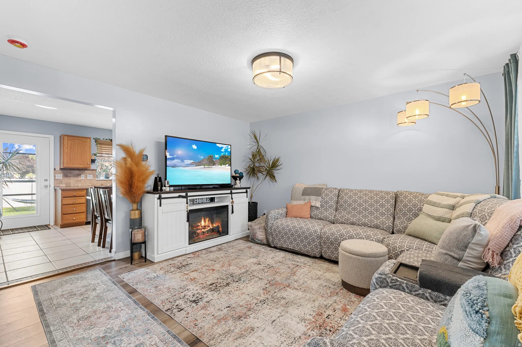 Living area featuring wood-finish flooring, a built-in electric fireplace, and a ceiling-mounted light fixture