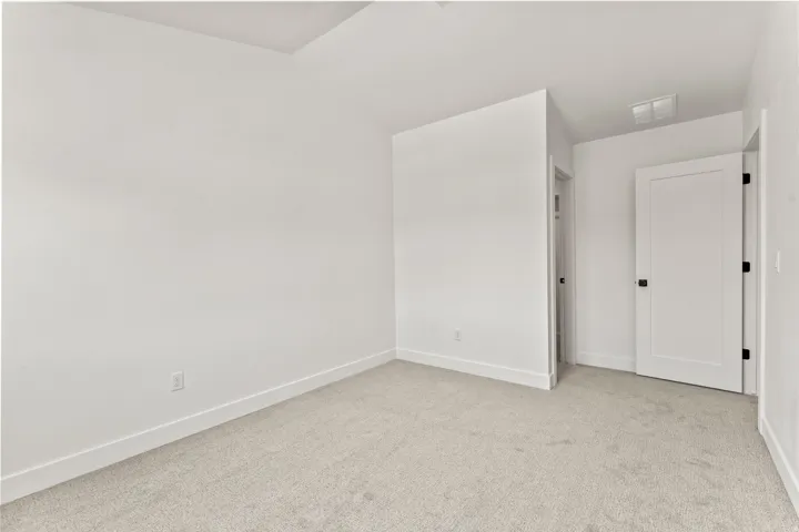 Plush carpeting, white walls, and contemporary interior doors with dark hardware