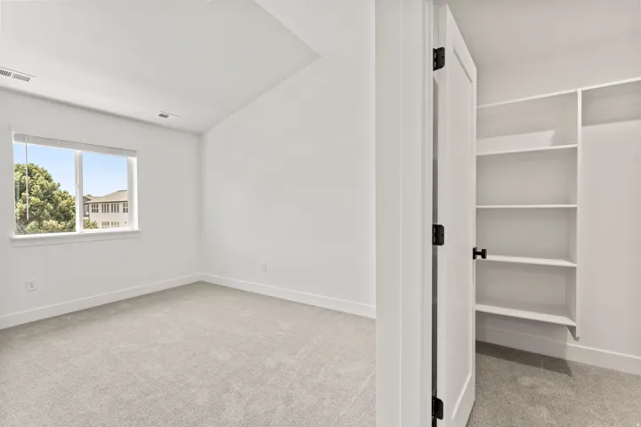 Neutral wall paint, carpet flooring, window with blinds, and built-in closet shelving