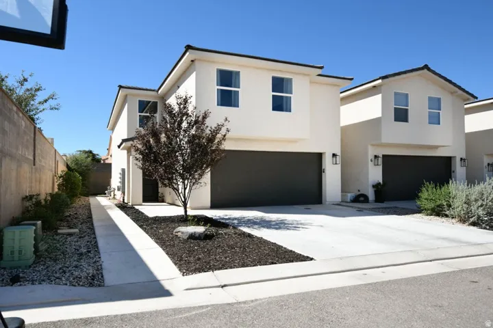 Contemporary exterior with a two-car garage, concrete driveway, and low-maintenance landscaping