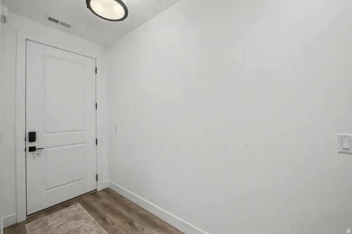 White paneled door with matte black hardware, wood-finish flooring, and a flush mount ceiling light
