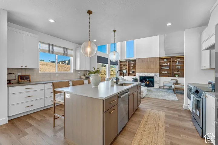 Gourmet kitchen featuring a large central island, white cabinetry, integrated stainless steel appliances, and wood-finish flooring