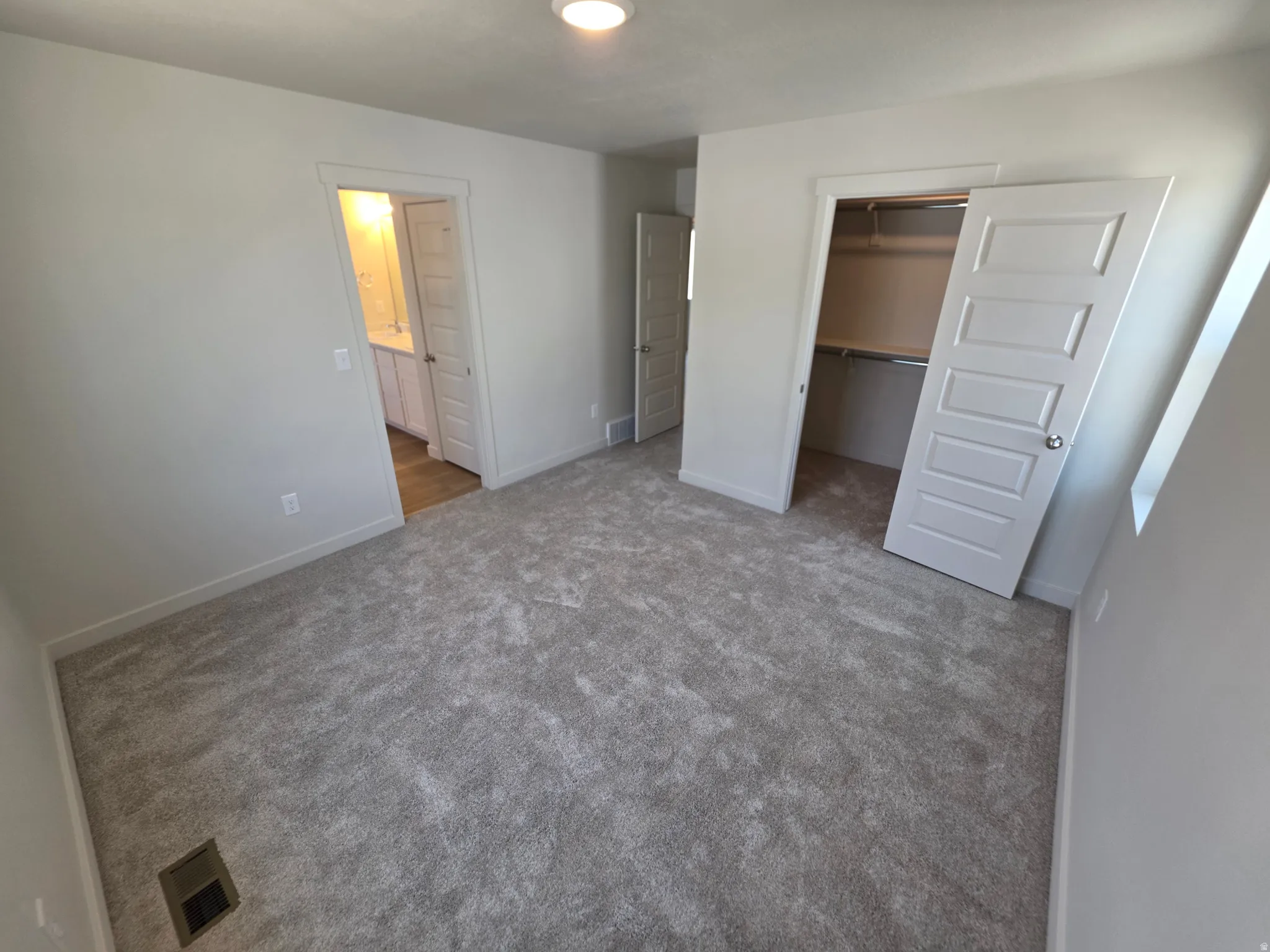 Plush gray carpeting throughout, featuring a recessed ceiling light and white five-panel interior doors