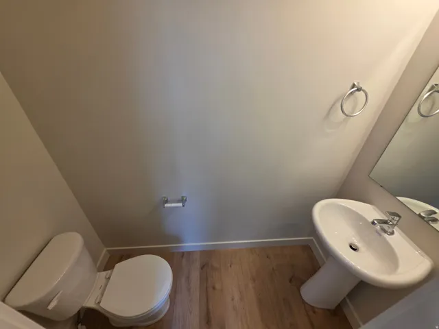 Pedestal sink with chrome faucet, wood-finish flooring, and wall-mounted mirror