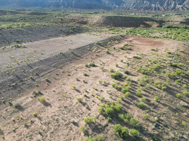 Expansive arid terrain featuring varied vegetation, a distinct cleared pathway, and distant mountainous topography