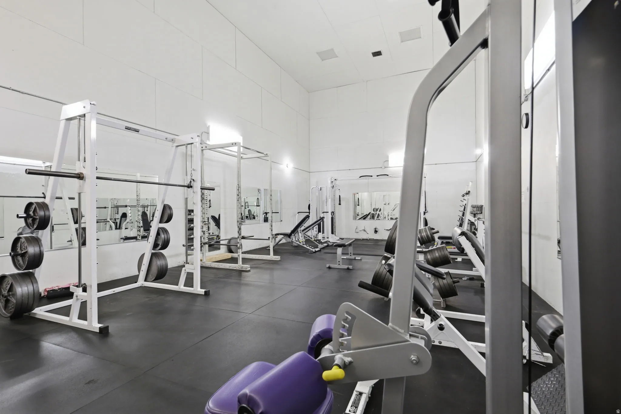 Dedicated fitness space featuring rubberized flooring and multiple mirrored walls