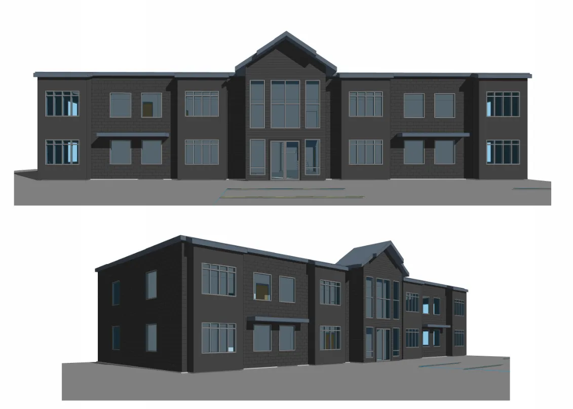 Architectural Rendering. Front and angled perspectives of the property's exterior design